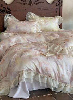 四夏梦海棠︱法单式花睡BBV边夏季天丝件套凉感床丝滑裸被套复古