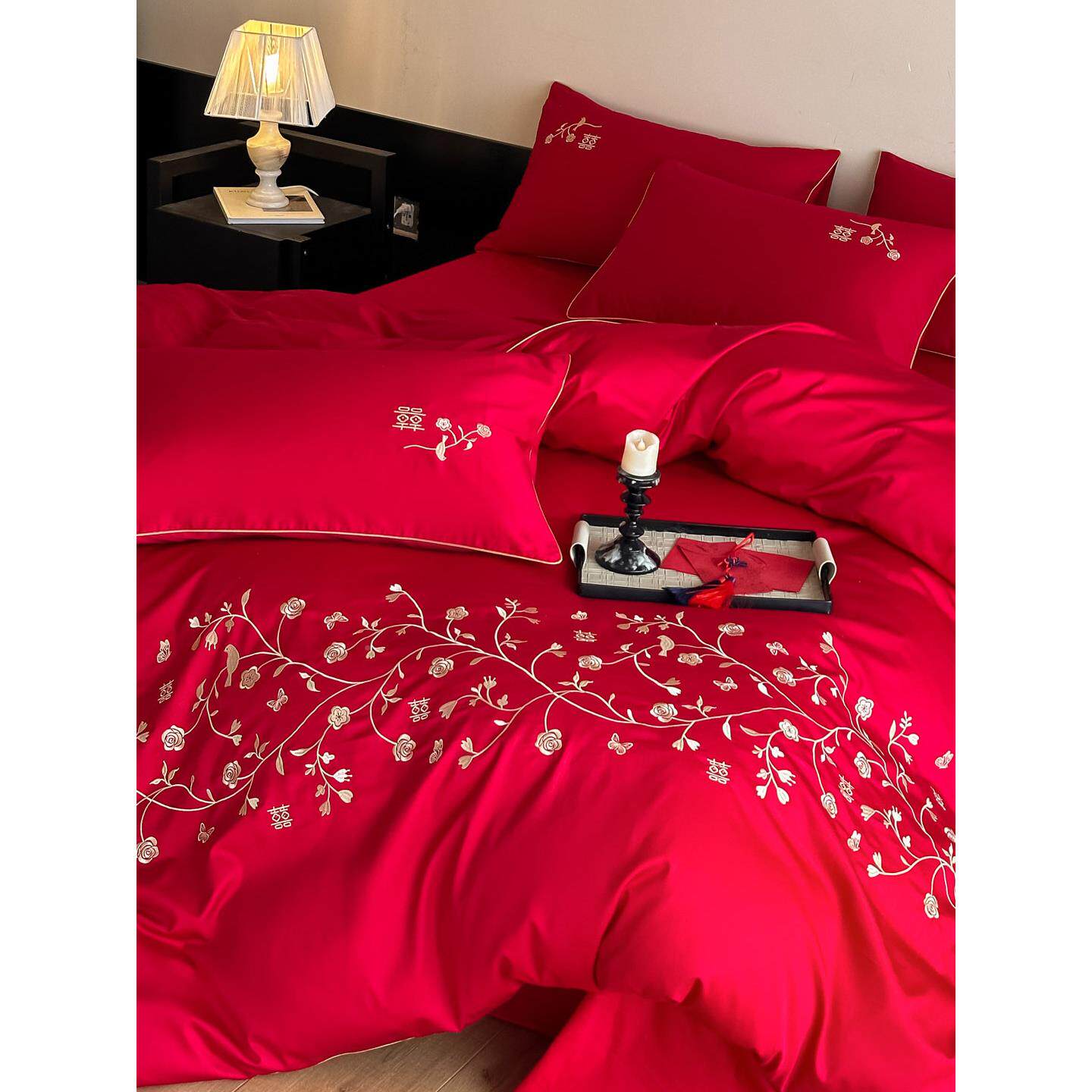 简约结婚床上四件11091\/1套水喜被套床洗单婚庆红色陪嫁棉被罩婚