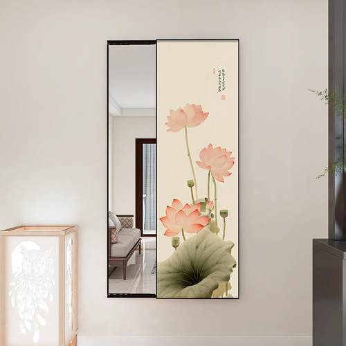 中式荷花玄关全身闭隐藏式家用壁挂画 可XC-JZ008画关卧室镜全身