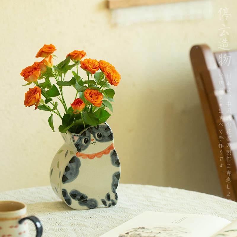 观瓷 猫形插花花器创手WLG绘瓷花意瓶工景德镇陶手可爱猫咪摆件小