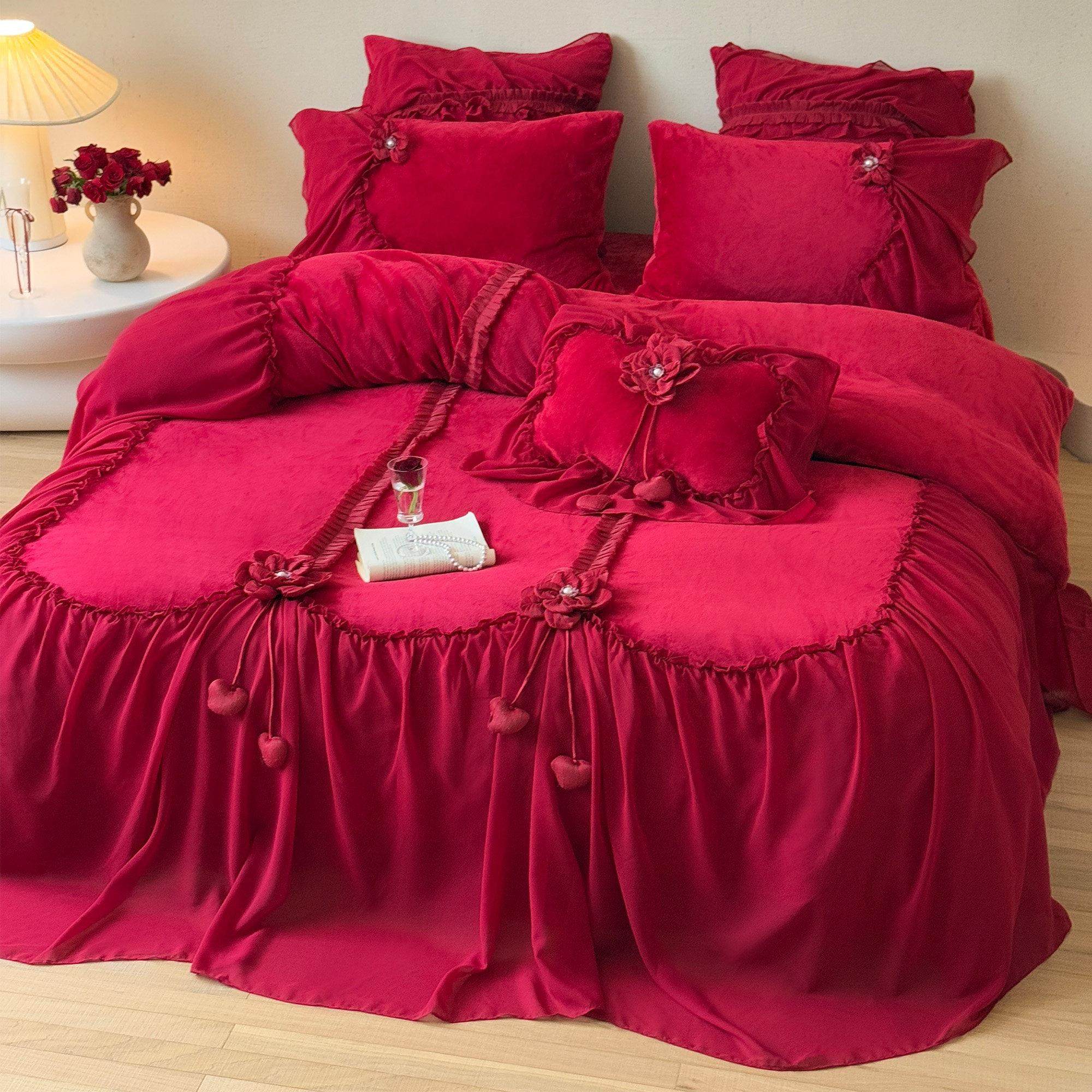 冬天浪漫礼牛奶绒四件套立TEA边体花朵雪纺花被套暖床单婚庆婚床