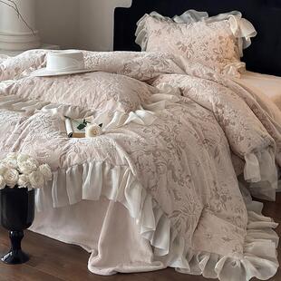 法式牛绒花四FMH雕件套蓄热保暖粉冬季被套欧奶根纱花边咖色浪漫