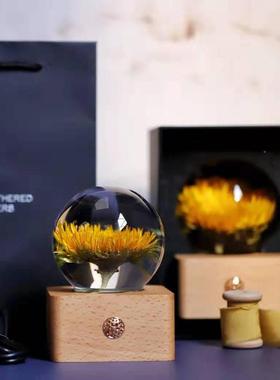 永DFC生向日葵花植物摆鲜花树脂工品真花件水晶球小夜灯礼盒送女