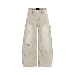 美式复古cleanfit双膝脏染伐木裤弯刀牛仔裤男女宽松阔腿痞帅裤子