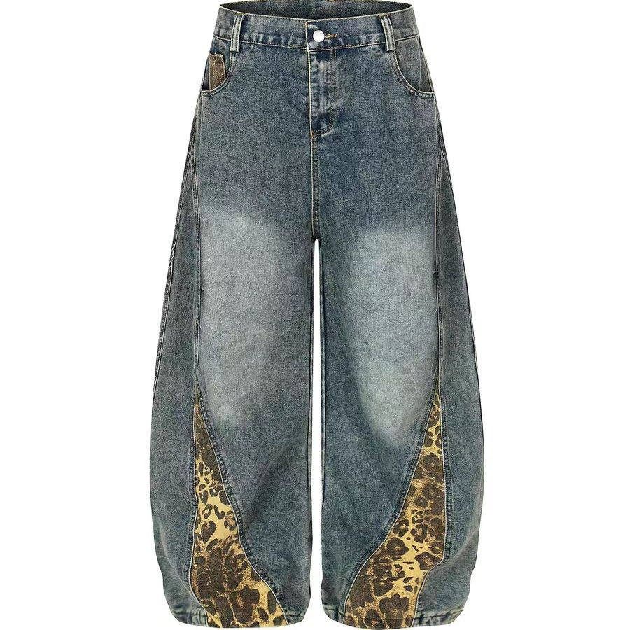 新款春秋季美式复古豹纹拼接牛仔裤男女宽松baggy阔腿弯刀裤长裤,男装,牛仔裤,淘宝优惠券,粉丝福利购,淘宝优惠卷