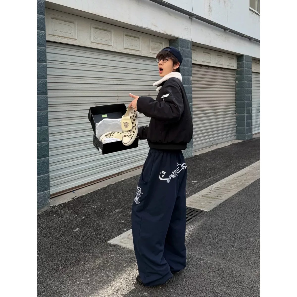 刺绣阔腿卫裤男女宽松直筒休闲裤