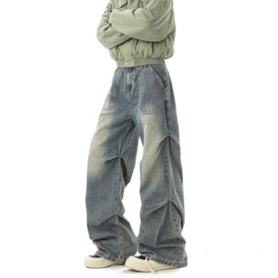 复古褶皱弯刀牛仔裤 裤 男女2026新款 设计感阔腿工装 痞帅休闲裤 美式