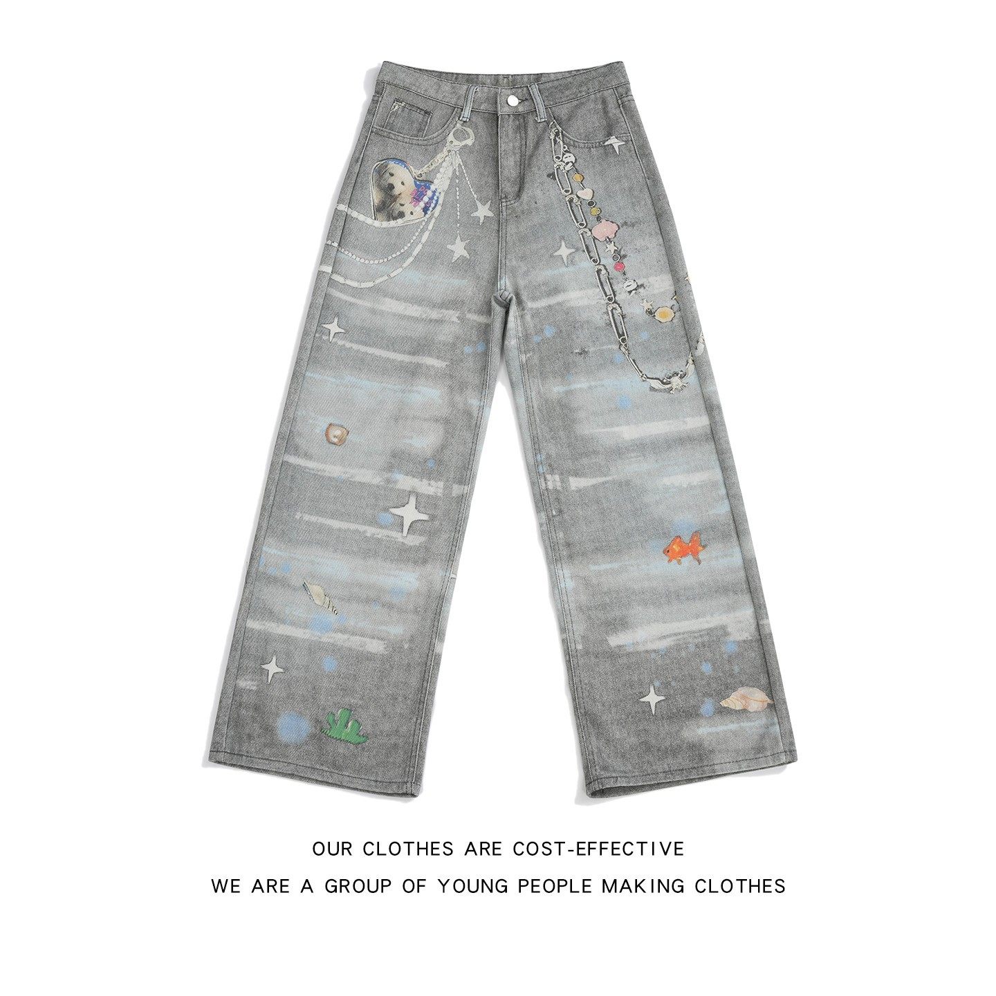 小狗数码印花水洗牛仔裤男女美式复古宽松做旧设计感阔腿拖地长裤,男装,牛仔裤,淘宝优惠券,粉丝福利购,淘宝优惠卷