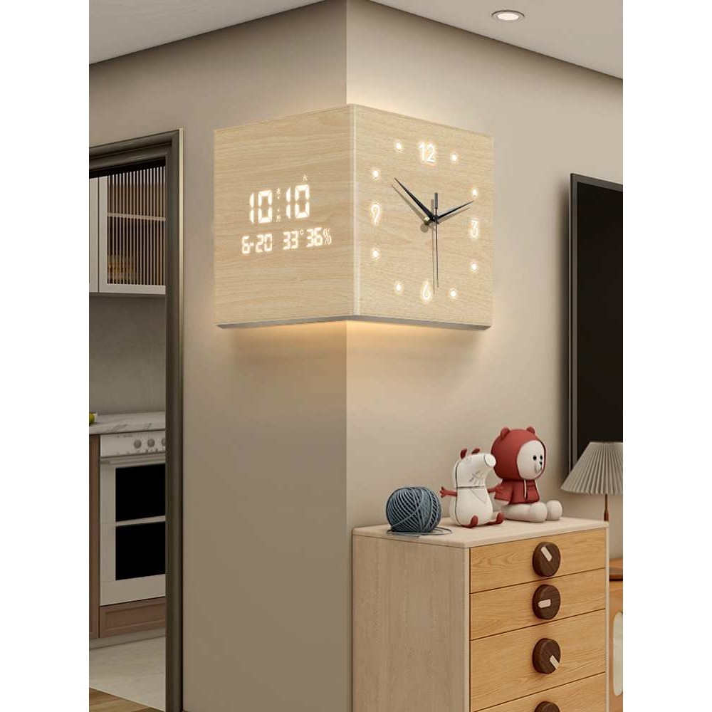 新款时钟拐角2024钟表万年历转角双面挂钟客厅电子钟古风中壁灯