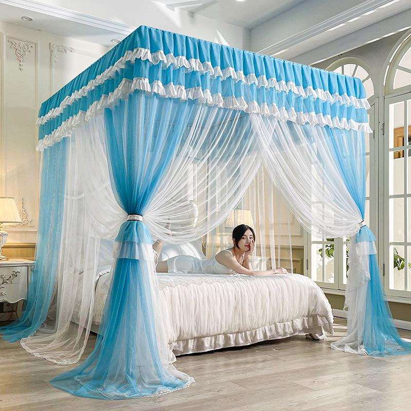 防尘顶双层纱三开门宫廷蚊帐落地蚊帐落地四柱公主蕾丝花边蚊帐