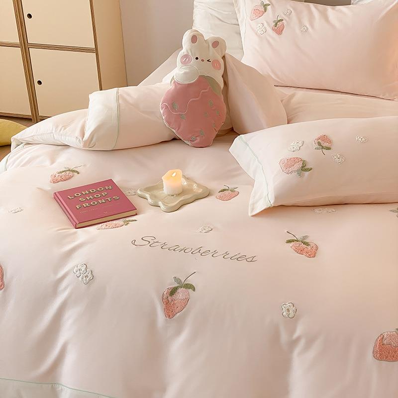 A类母婴高端磨毛100支长绒棉草莓四件套纯棉床上用品全棉被套床笠