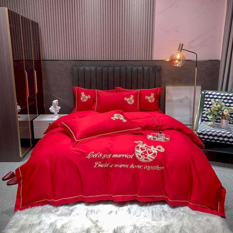 结婚四件套简约全棉床上用品纯棉80支婚庆被套床笠款长绒棉大红色