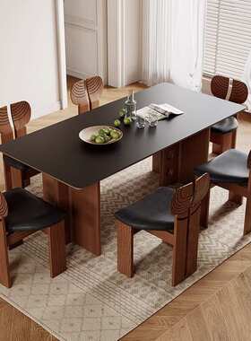 丹梵斯 法式餐桌家用小户型黑色岩板餐桌椅组合长方形白蜡木餐桌