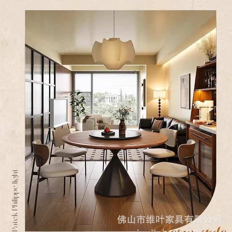 木纹岩板餐桌北欧原木家用复古饭桌中古风简约网红圆形餐桌椅组合