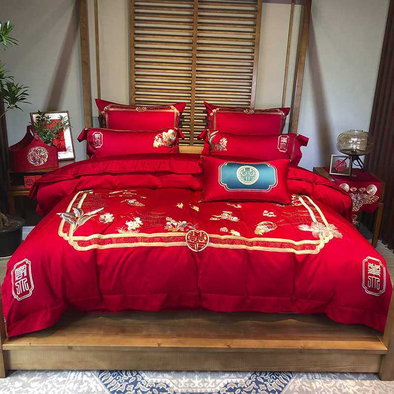 百子图婚庆四件套喜庆大红贡缎刺绣子孙被喜被纯棉百子被结婚用品
