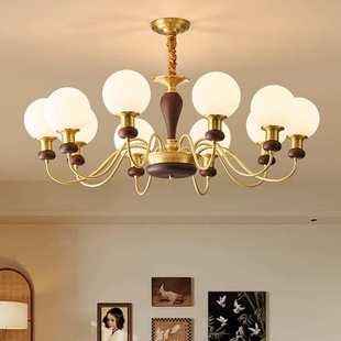 全铜法式 复古实木大气魔豆卧室书房间餐厅主灯 中古风客厅吊灯美式