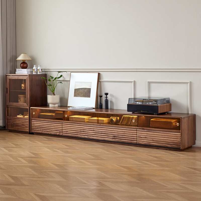 北美黑胡桃木电视柜实木柜带灯客厅日式简约意式落地收纳储物柜