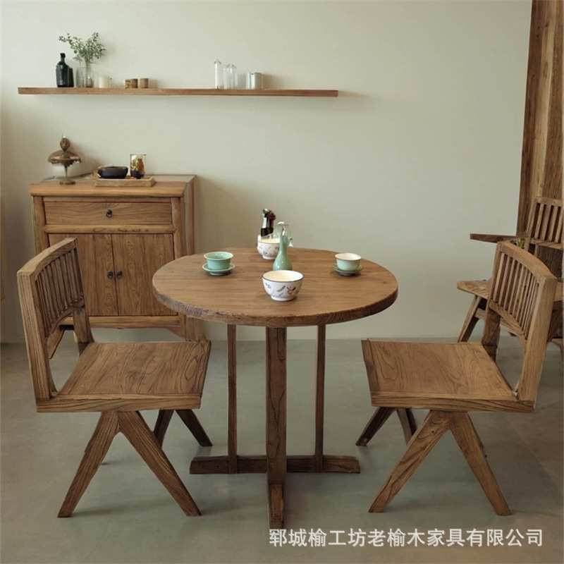 新中式老榆木咖啡桌实木餐桌圆桌风化旧木板复古民宿桌椅组合