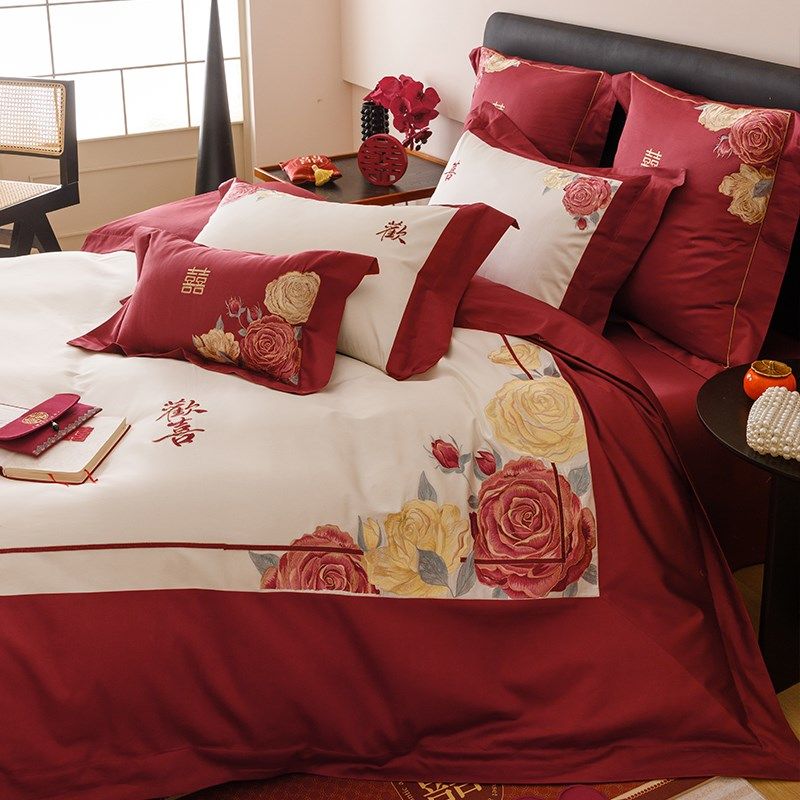 国风牡丹绣花全棉长绒棉四件套红色新潮大气被套纯棉床单结婚床品