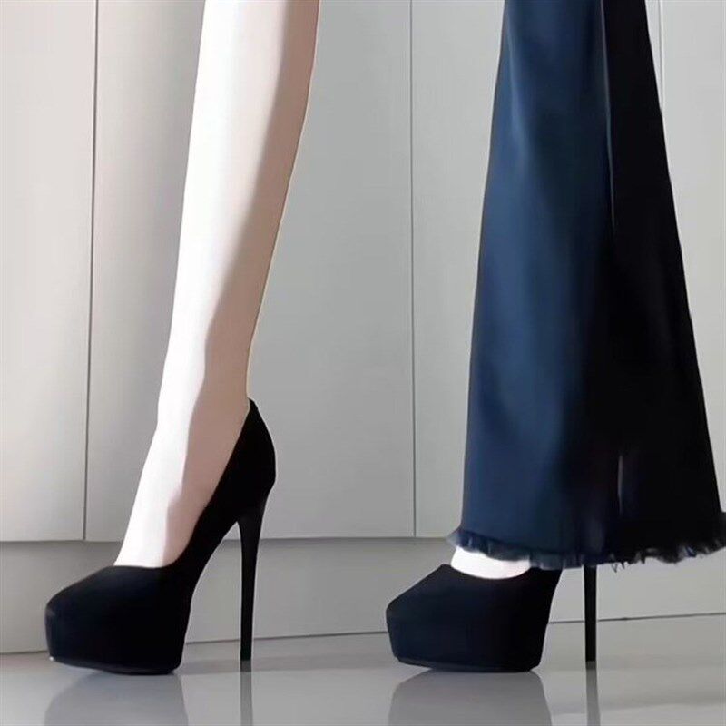 黑色防水台高跟鞋女秋冬法式绒面尖头细跟厚底气质小个子不累脚鞋