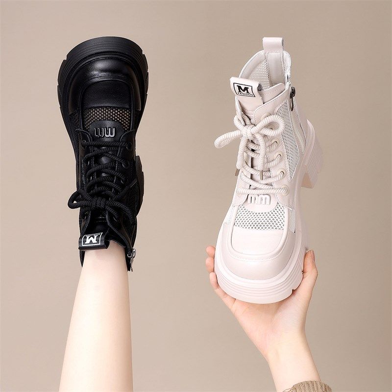 白色小个子增高马丁靴女2025新款春夏透气网纱短靴厚底显脚小薄款