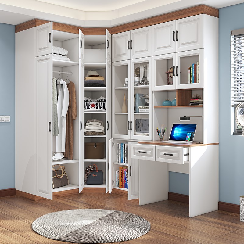 转角书柜电脑桌 儿童书桌连体组合衣柜 书架学习桌一体储物柜桌子