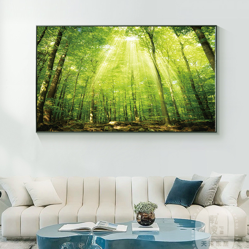 高清绿原始森林风景装饰画客客餐厅卧室办公室挂画树林背景墙横版