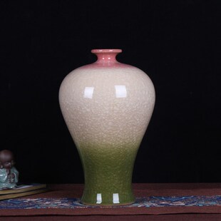饰工艺品 陶瓷花瓶摆件仿古官窑冰片裂纹三色釉石榴瓶博古架花架装