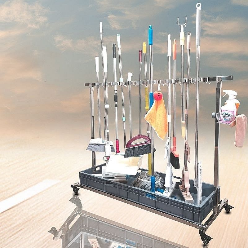 不锈钢拖把架子免打孔置物架扫把壁挂酒店移动清洁学校卫生收纳架