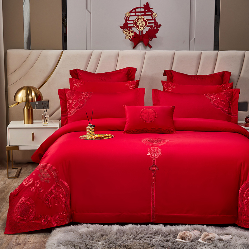 婚庆牀组被套四件套大红色全纯棉绣花简约婚房牀单结新婚被罩4件