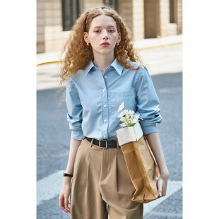 春也白24秋新款法式简约蓝色抗皱长袖宽松衬衫女叠穿内搭免烫衬衣