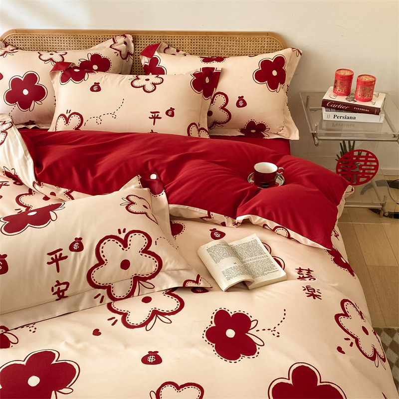 婚庆水洗棉喜庆四件套中式红牀单牀笠高档磨毛被套结婚房牀上用品