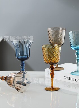 法式高脚杯彩色甜酒杯罗马柱葡萄酒杯水晶玻璃蓝色酒具酒柜装饰杯