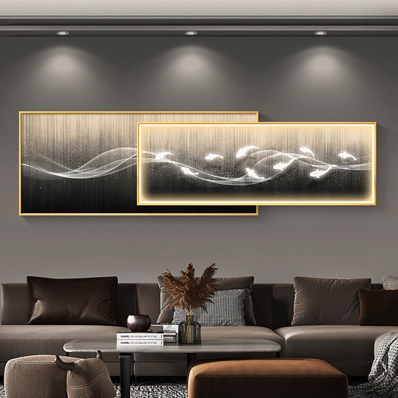 现代简约客厅装饰画高级感抽象沙发背景墙挂画九鱼图带灯叠加壁画图片
