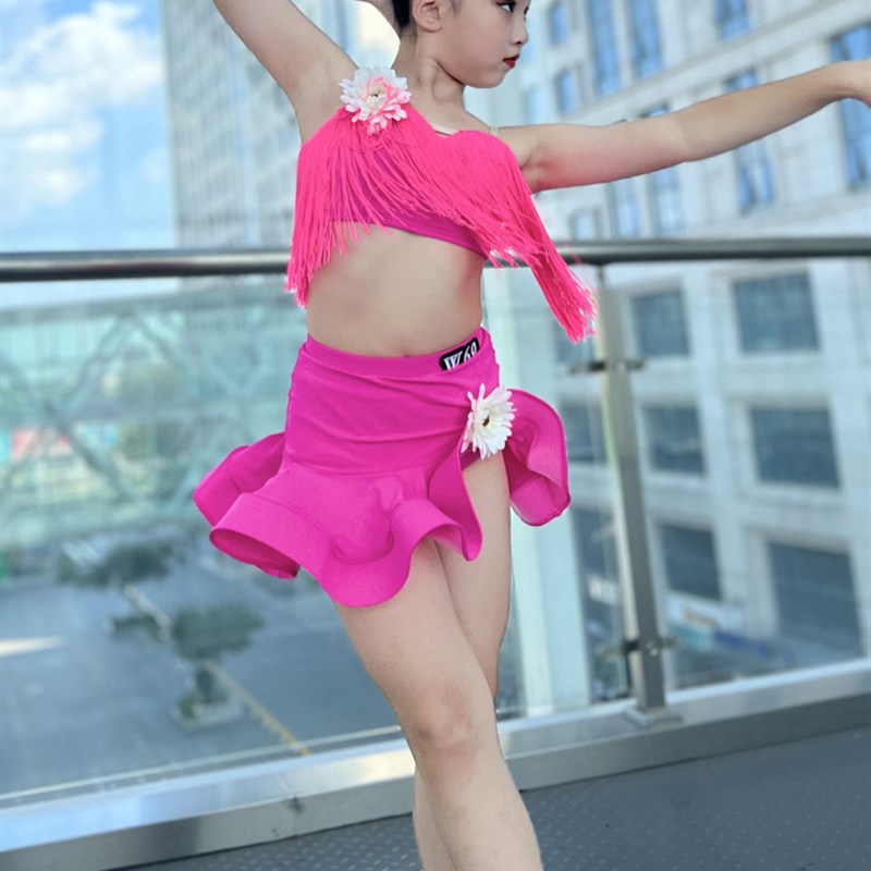 W69儿童拉丁舞表演服女舞蹈演出练功服少儿拉丁舞服流苏裙夏
