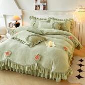 2斤加厚超暖冬牛季 奶瑚绒床盖xmj四件套雕花珊绒被套被罩双1面法