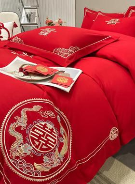 高端礼拉丝四件20244\/套适合床单刺绣节日被套婚婚房新间礼婚婚