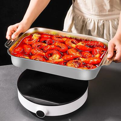 烤鱼盘不锈钢托托盘长炉方形盘家用鱼盘电方磁DNE专用盘子深盘铁