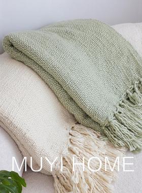 简约慵懒素发睡色肌理休闲装饰毯薄公TAY荷绿沙毯办室午盖毯装饰