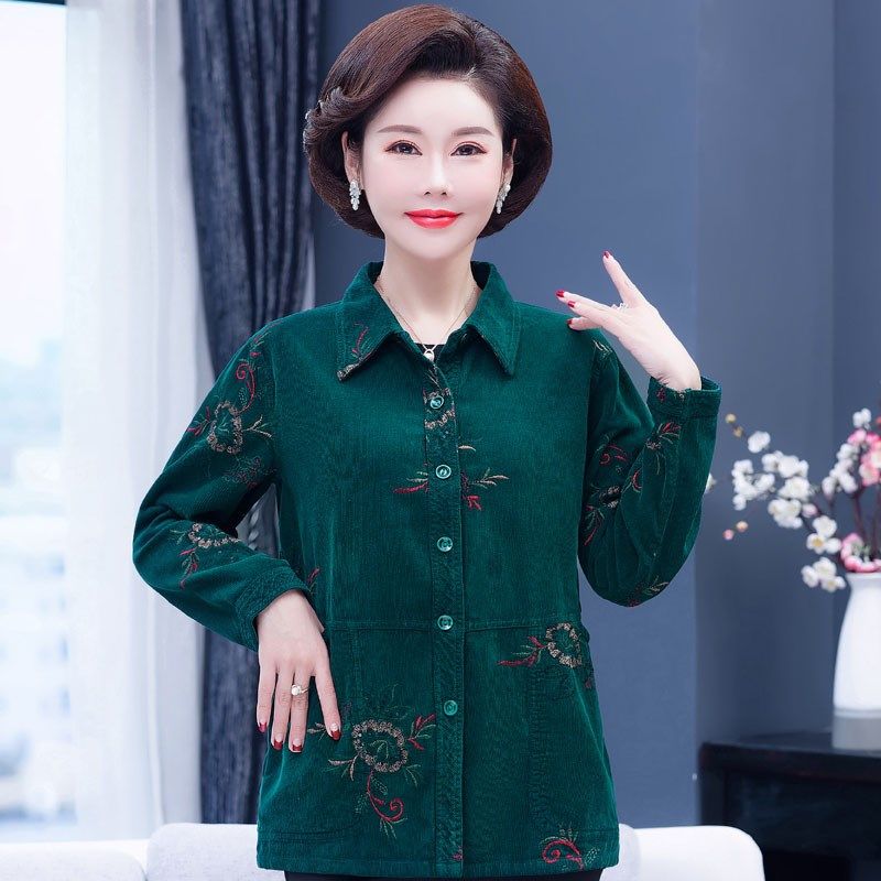 中老年女纯棉条绒衬衫女上衣春秋全棉长袖中年妈妈灯芯绒衬衣