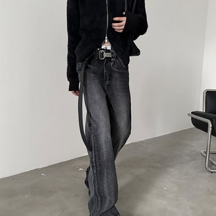 小众水洗做旧黑灰色复古猫须微喇叭牛仔裤 PM20 上新9折
