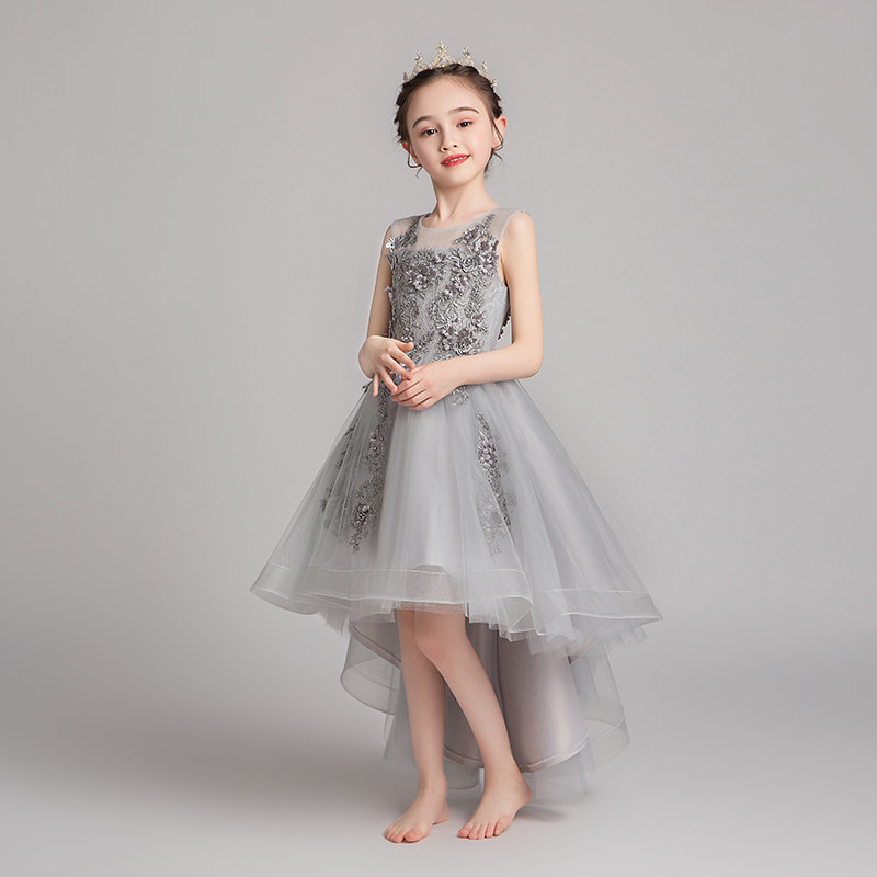 花童公主裙女童生日女孩走秀儿童主持人礼服钢琴演出服表演灰色夏