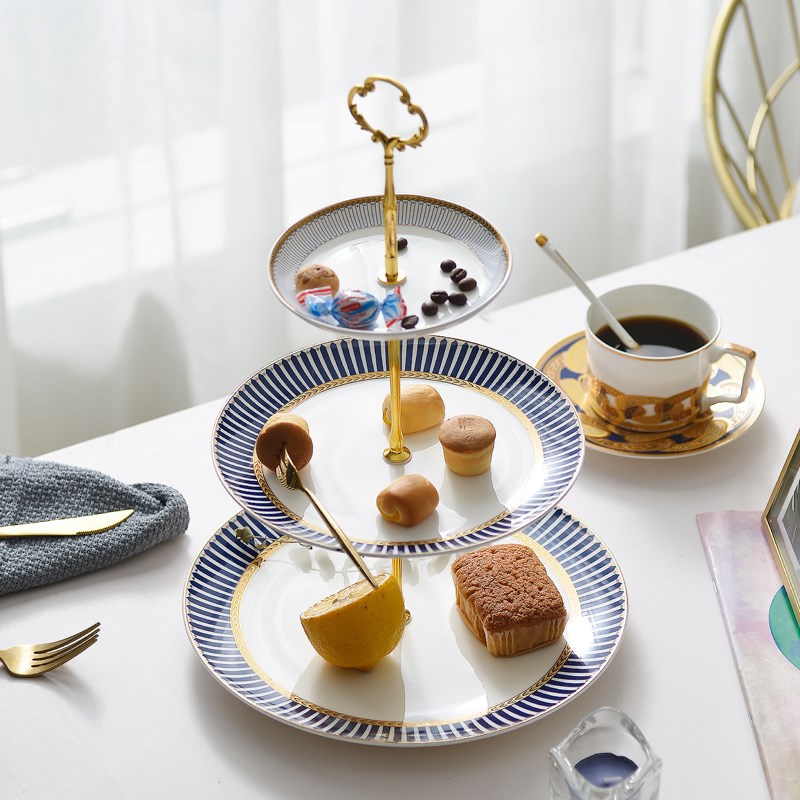 欧式骨瓷双层水果盘糕点盘下午茶点心碟干果盘蛋糕盘送架