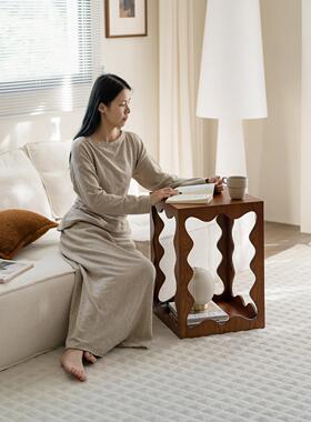 HC复古沙发边几置物架小户型客厅小茶几中古风方形波浪角几