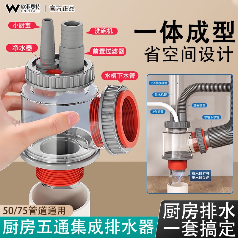 厨房下水管三通集l成下水器排水管道防返臭神器多通分流器通用接