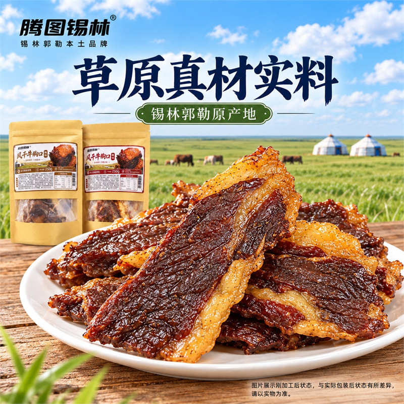 腾图锡林风干牛胸口肉烧烤下酒零食肥瘦相间厚切牛肉干加热即食