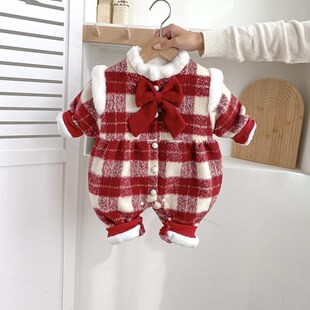 婴儿衣服加厚连体外出女宝宝冬装新年拜年过年洋气夹棉服一岁冬季