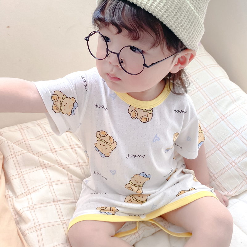儿童连体睡衣夏季纯棉无骨短袖婴儿防踢睡袍男女童睡裙宝宝家居服
