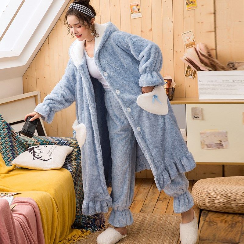 睡袍女秋冬长款珊瑚绒可爱女加厚加绒外穿法兰绒冬季新款睡衣女冬