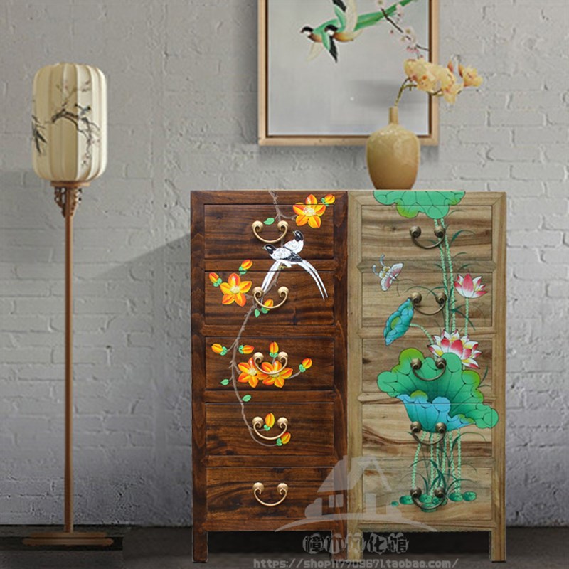 新中式彩绘香樟木五斗柜实木仿古收纳柜客厅抽屉斗柜卧室储物柜子